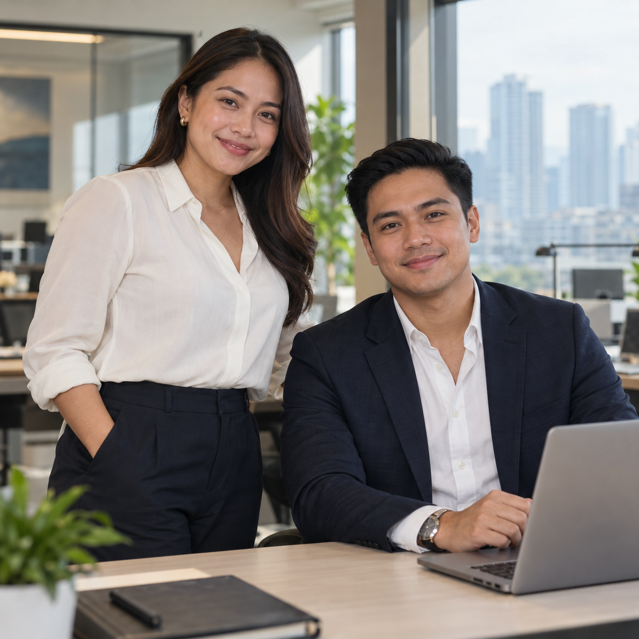 Two Filipino office professionals representing flexible business support